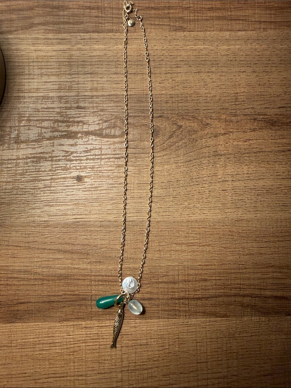 LOFT Gold Tone Necklace with Green Teardrop and Pearl Charms